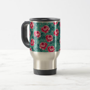 Caneca Térmica Rosas Cor-de-Rosa Bonitas e Padrão de Bolinhas em