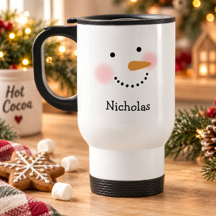Caneca Térmica Rosto de Boneco de Neve Fofo Nome Personalizado Na