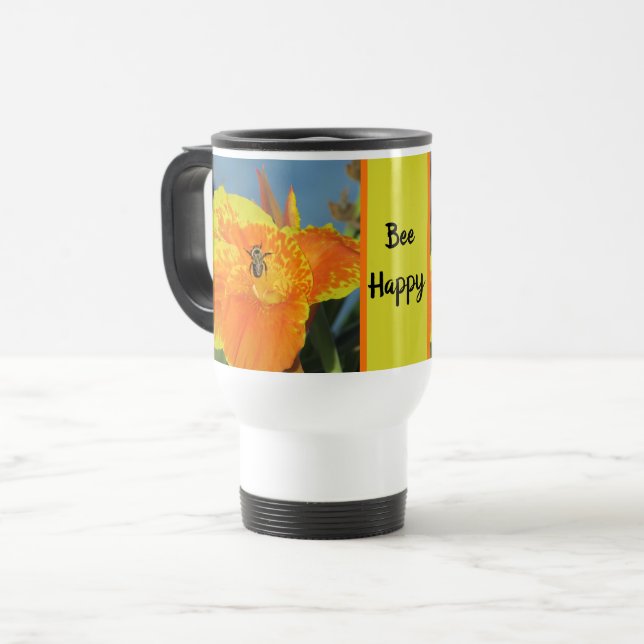 Caneca Térmica Seja Feliz Abelha Feliz Pun Amarelo Flor Laranja (Frente Esquerda)