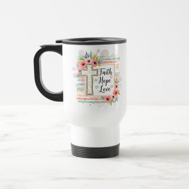 Caneca Térmica Shabby Chic floral Faith Hope Love (Esquerda)