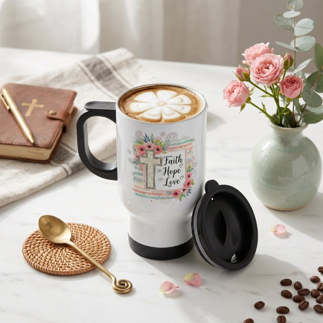 Caneca Térmica Shabby Chic floral Fé Esperança Amor (Criador carregado)