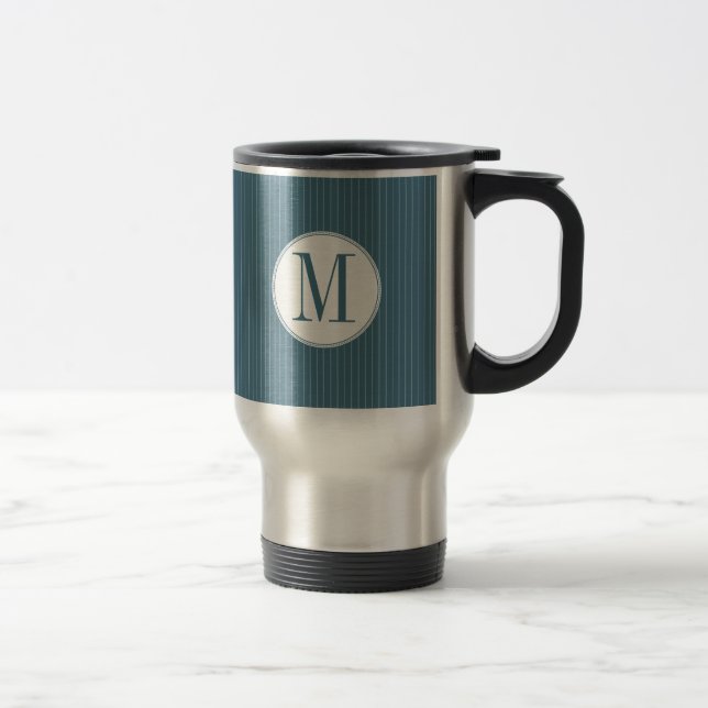 Caneca Térmica Solteiro de pinstripe monograma de aço azul (Direita)
