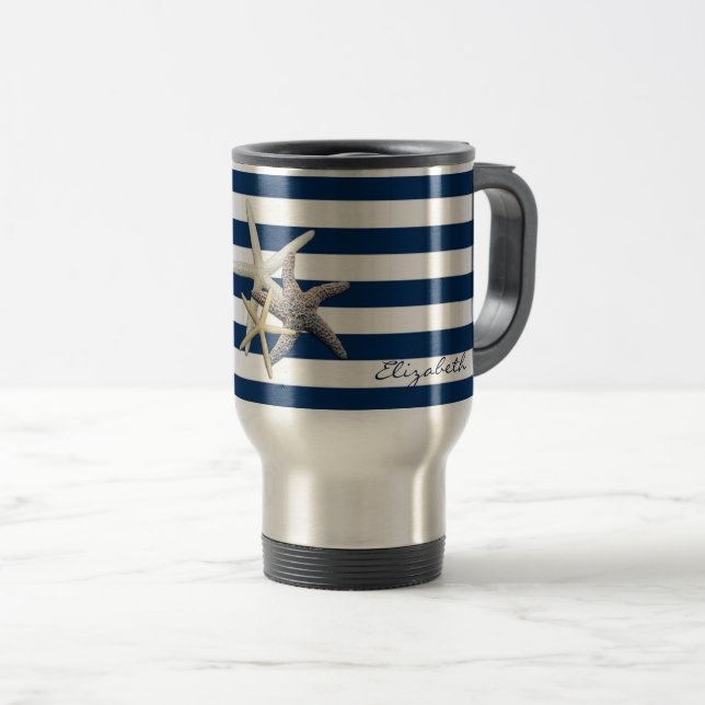 Caneca Térmica Starfish Adorável, Marinho Azul, Stripes Personali (Frente Esquerda)
