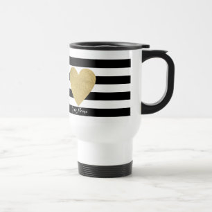 Caneca Térmica Stripes Pretas e Brancas com Coração de Folha Ou
