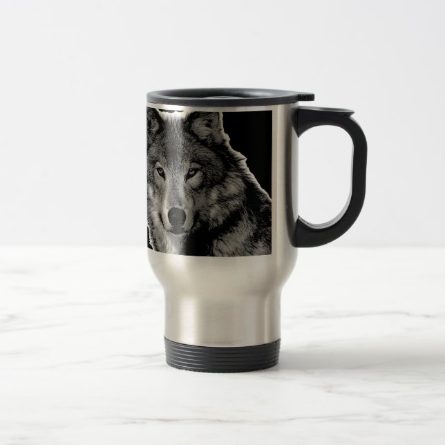 Caneca Térmica Trabalho de arte do Lobo Negro e Branco (Direita)