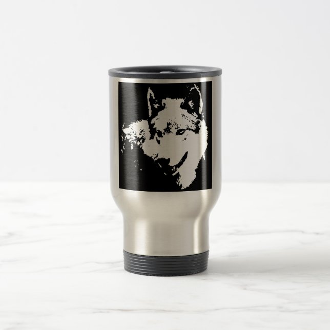 Caneca Térmica Trabalho de arte do Lobo Negro e Branco (Centro)