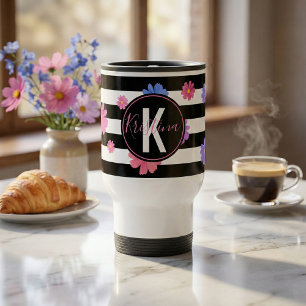 Caneca Térmica Trendy Floral Black & White Stripes Personalizadas