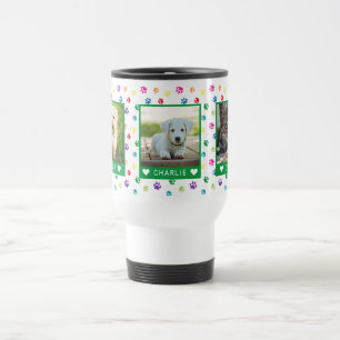 Caneca Térmica Três Fotos de Pet Nomes Impressões Coloridas Verde