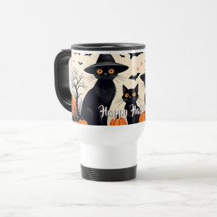 Caneca Térmica Três Gatos Pretos com Chapéus no Halloween