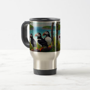 Caneca Térmica Trio Costeiro: Três Puffins na Praia em Óleos