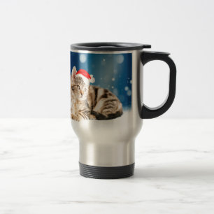 Caneca Térmica Um Gato Fofo vestindo chapéu vermelho de Papai Noe