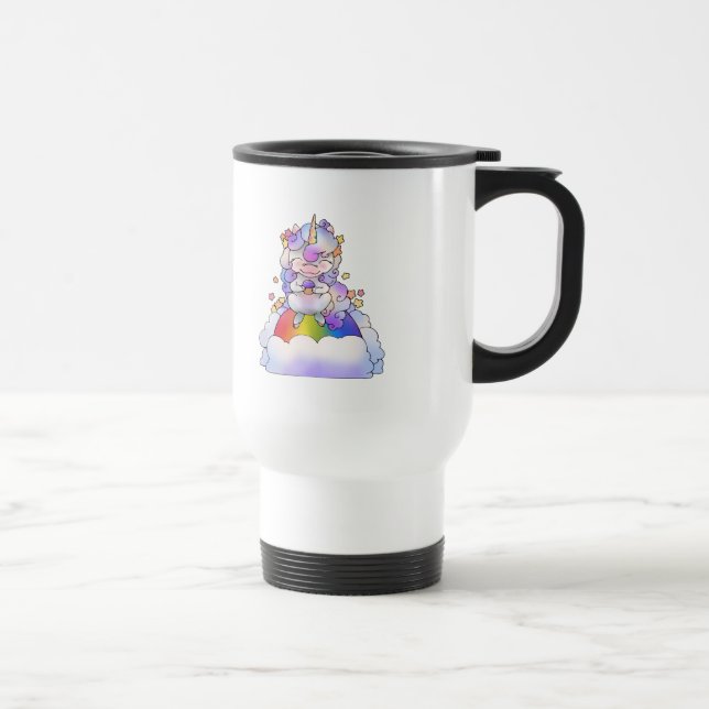 Caneca Térmica Unicórnio em arco-íris Comendo um Cupcake (Direita)