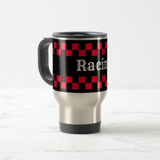 Caneca Térmica Vermelho e Preto Xadrez Corrida (Frente Esquerda)