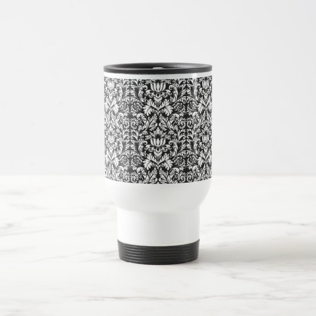 Caneca Térmica Vintage Brocado de Renda de Damasco Preto e Branco (Centro)