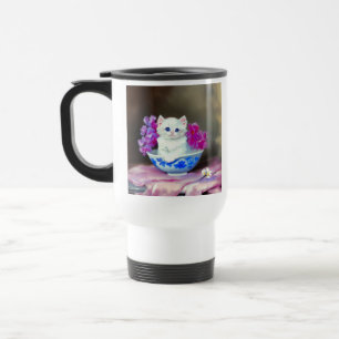 Caneca Térmica Vintage White Kitten com Flores Rosa