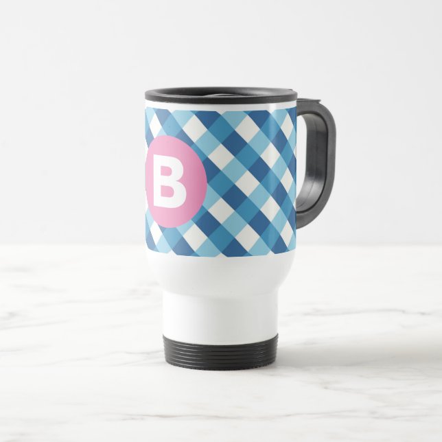 Caneca Térmica Xadrez Azul e Branco Monograma Rosa (Frente Esquerda)