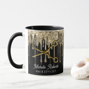 Caneca Tesoura Brilho Dourado Personalizada Salão de Cabe
