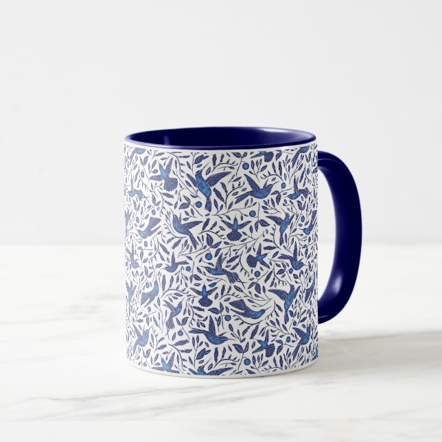 Caneca Teste padrão azul dos pássaros de Delft (Frente Esquerda)
