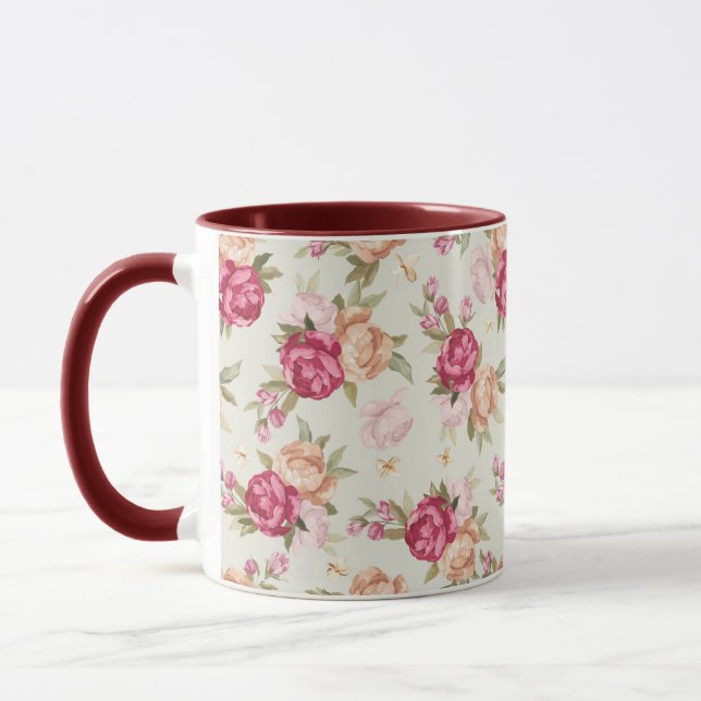 Caneca Teste padrão bonito da peônia da cor no verde (Esquerda)