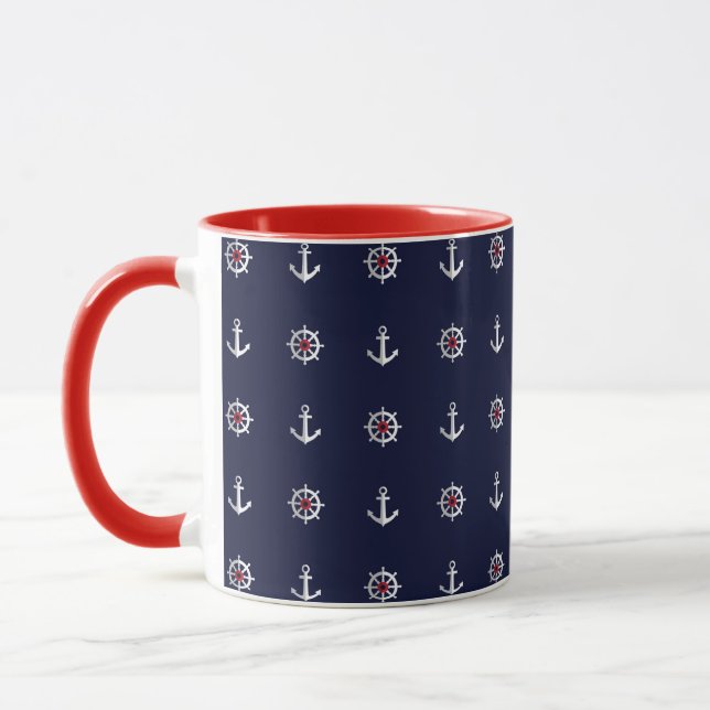 Caneca Teste padrão branco e azul vermelho da âncora (Esquerda)