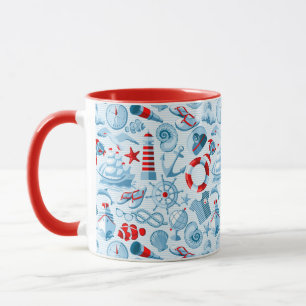 Caneca Teste padrão branco e azul vermelho náutico