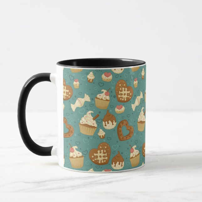 Caneca Teste padrão com cupcakes e doces (Esquerda)