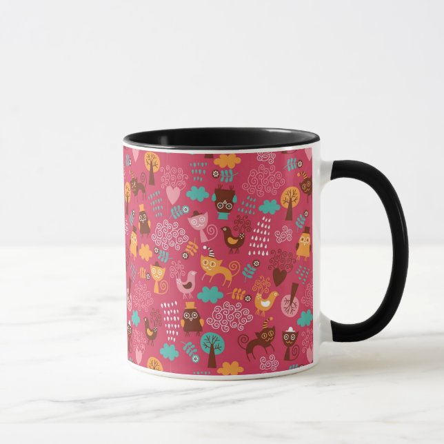 Caneca Teste padrão com pássaros bonitos e gatos (Direita)