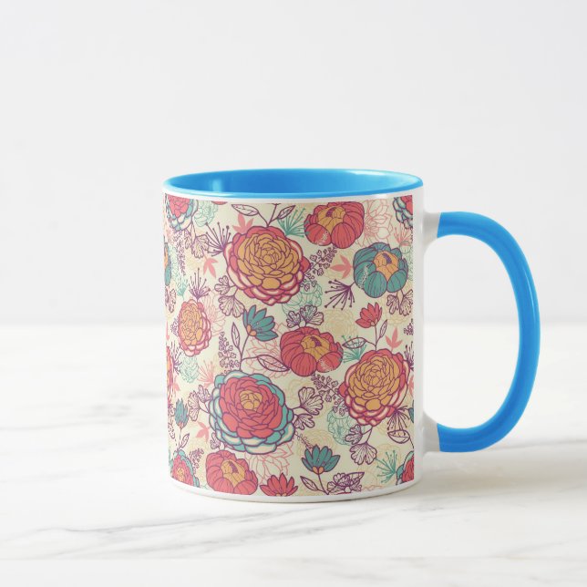 Caneca Teste padrão das flores e das folhas da peônia (Direita)