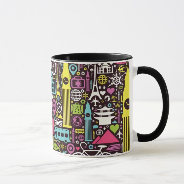 Caneca Teste padrão de néon dos ícones do mundo (Direita)