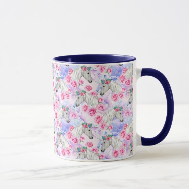 Caneca Teste padrão dos unicórnios & dos rosas (Direita)