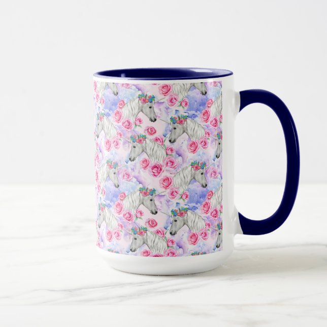 Caneca Teste padrão dos unicórnios & dos rosas (Direita)