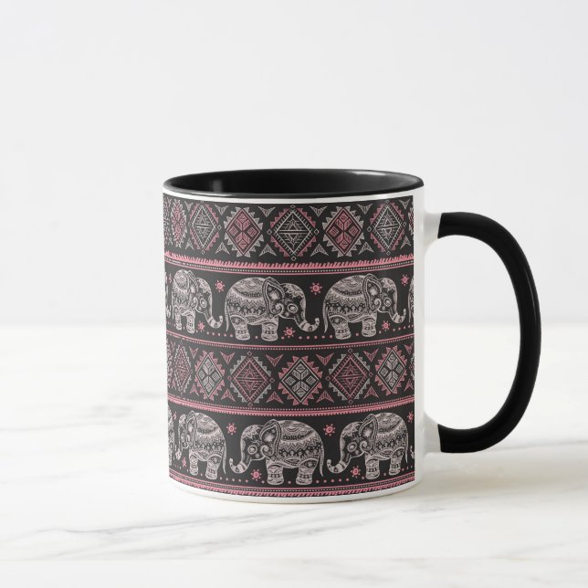 Caneca Teste padrão étnico preto do elefante (Direita)
