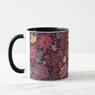 Caneca Teste padrão floral abstrato com pássaros