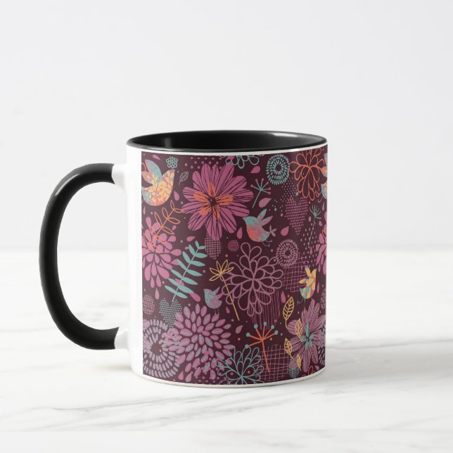 Caneca Teste padrão floral abstrato com pássaros (Esquerda)