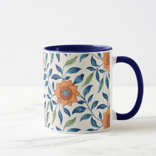 Caneca Teste padrão floral azul & alaranjado