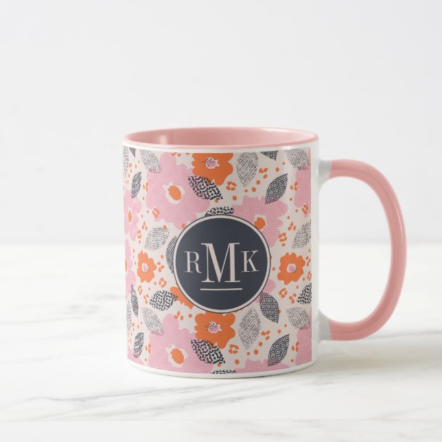 Caneca Teste padrão floral retro bonito do monograma | (Direita)