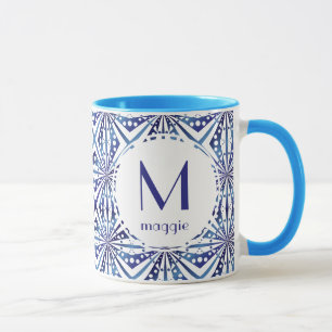 Caneca Teste padrão geométrico azul e branco customizá