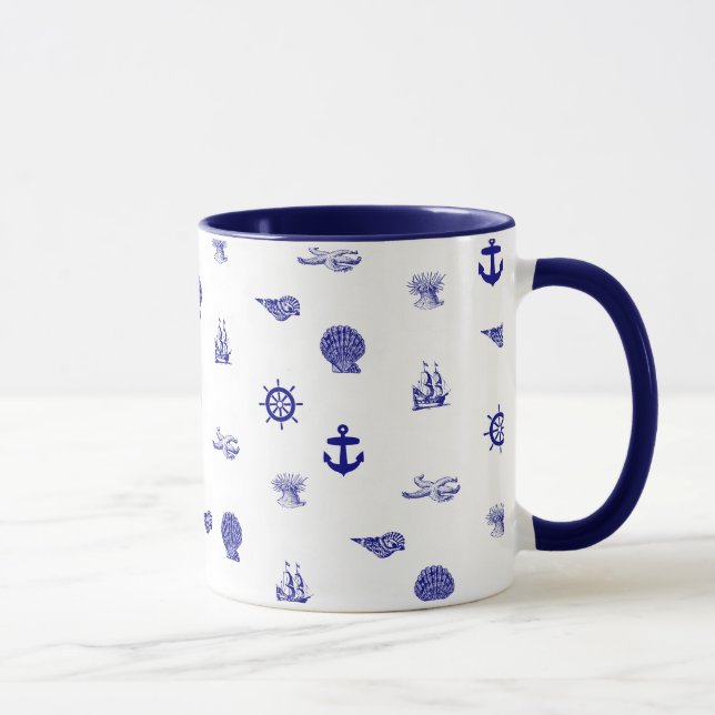 Caneca Teste padrão náutico do azul marinho e o branco (Direita)