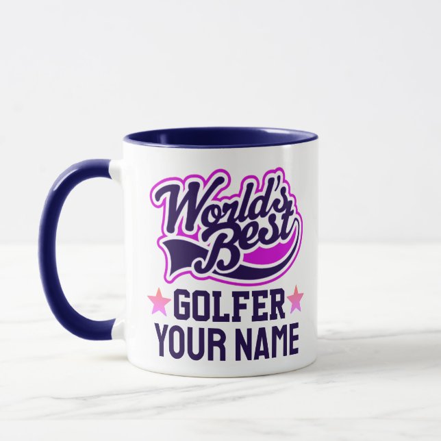 Caneca Texto Azul do Nome de Golfer Personalizado Moderno (Esquerda)