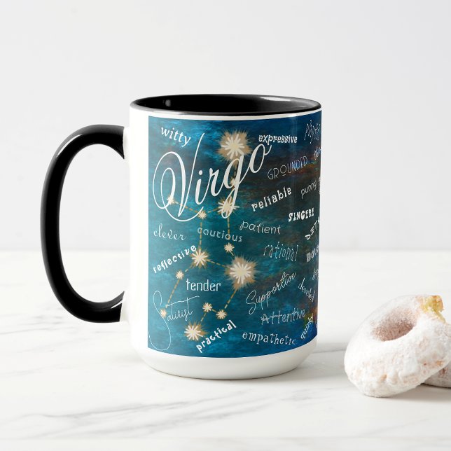 Caneca Texto da Constelação de Virgem Astrologia Traços Z (Virgo Traits & Constellation. Ponder your unique traits as you  sip your coffee, tea, or chocolate.)