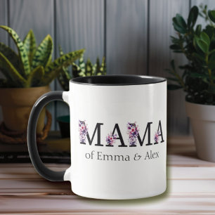 Caneca Texto da Mamãe Floral Nomes de Crianças Personaliz