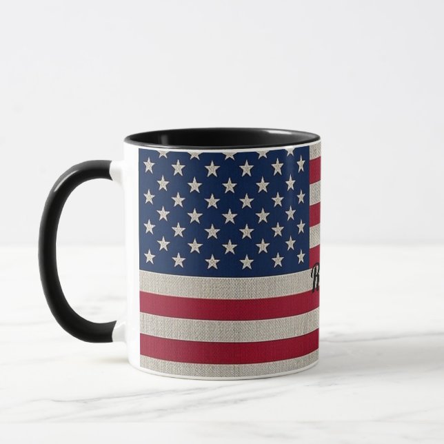Caneca Texto de Caligrafia Linen, Bandeira Americana Patr (Esquerda)