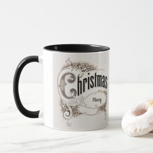 Caneca Texto de Natal Antigo com Bordas Ornamentadas (Com Donut)