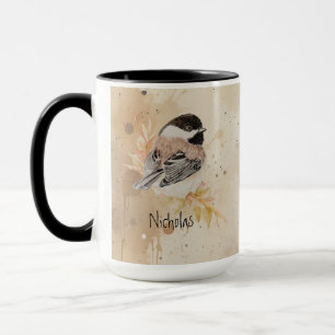 Caneca Texto de Nome Personalizado Chickadee Bird Aguarel