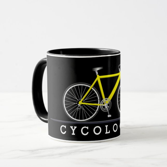 Caneca Texto do cicologista com bicicleta amarela (Frente Esquerda)
