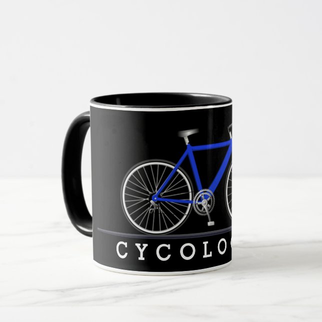 Caneca Texto do cicologista com bicicleta azul (Frente Esquerda)