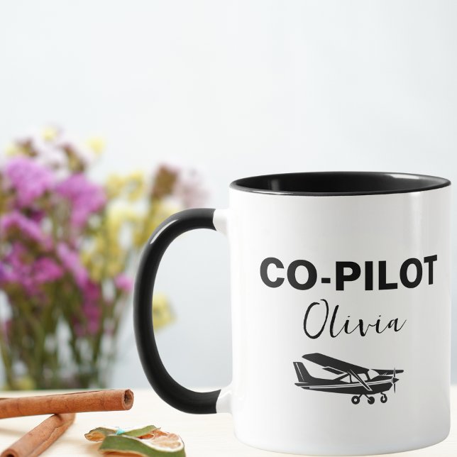 Caneca Texto e avião CO-PILOT modernos, presente personal (Criador carregado)