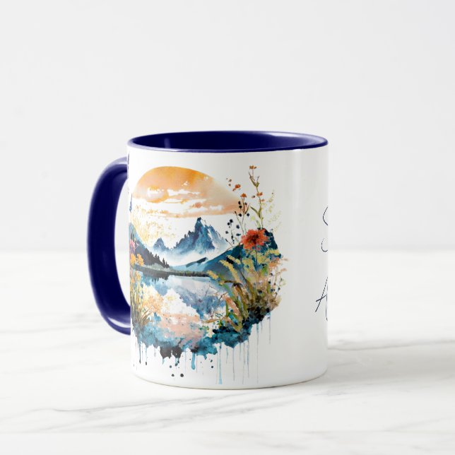 Caneca Texto personalizado da cena da montanha de aquarel (Frente Esquerda)