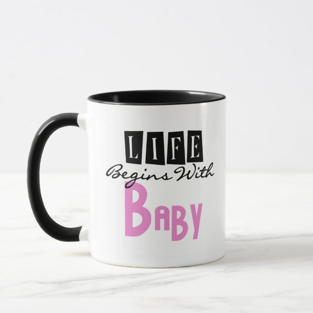 Caneca Texto Rosa/Preto Vida Começa Com Bebê (Esquerda)
