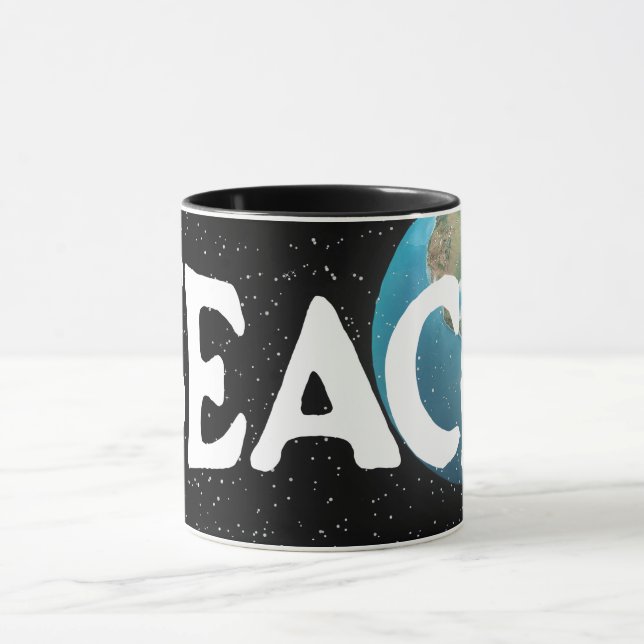 Caneca Texto "Teach Peace" e planeta Terra (Centro)